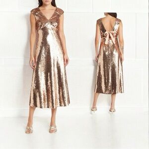Madelyn Rae KONNIE Liquid Gold Sequin Midi With Tie Back Size S NWT